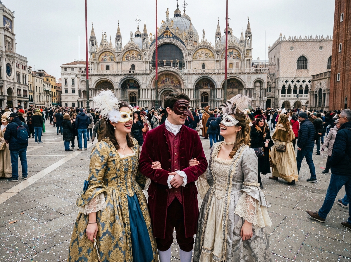 Groupe de jeunes costumés lors du carnaval à Venise
