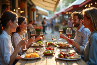 Groupe de quatre personnes dégustant des plats régionaux au marché