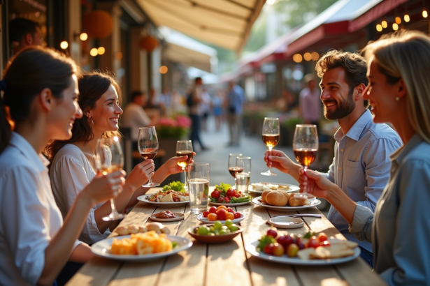 Groupe de quatre personnes dégustant des plats régionaux au marché