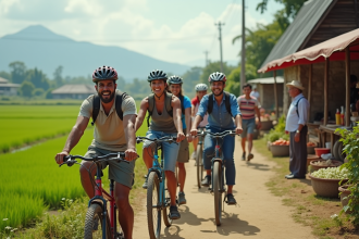 Groupe de voyageurs à vélo dans un village rural ensoleillé