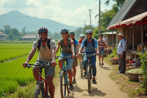 Groupe de voyageurs à vélo dans un village rural ensoleillé