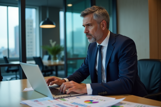 Homme d'affaires en costume analysant des graphiques financiers