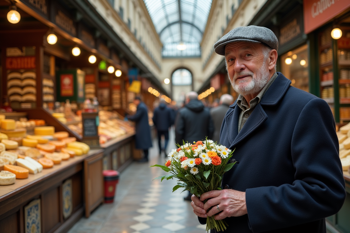 Homme âgé avec bouquet de fleurs dans un marché parisien