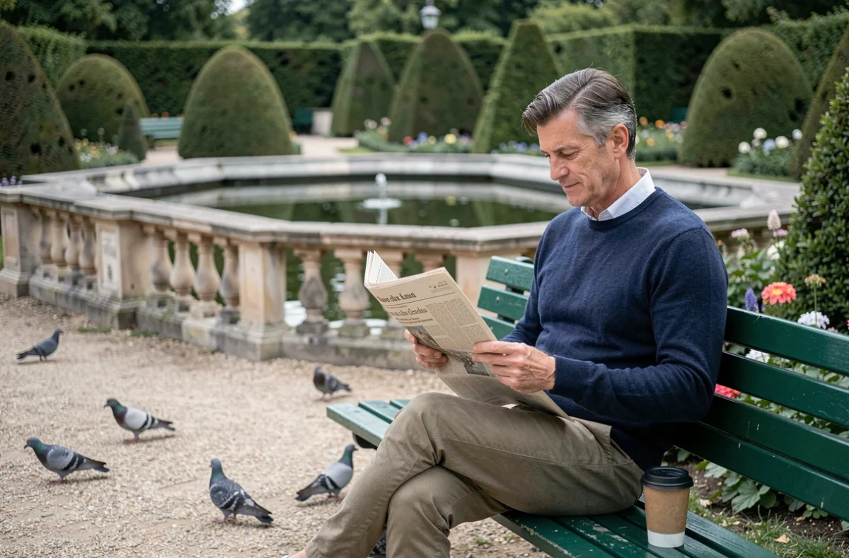 Homme lisant un journal sur un banc vert au Jardin du Luxembourg à Paris