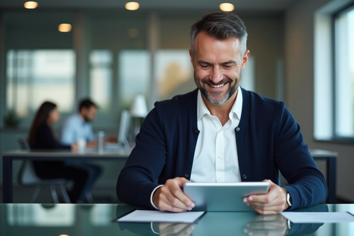 Homme d affaires remplissant un formulaire sur tablette au bureau