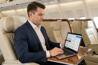 Homme en costume dans un siège business class consultant Google Flights sur son ordinateur portable en avion