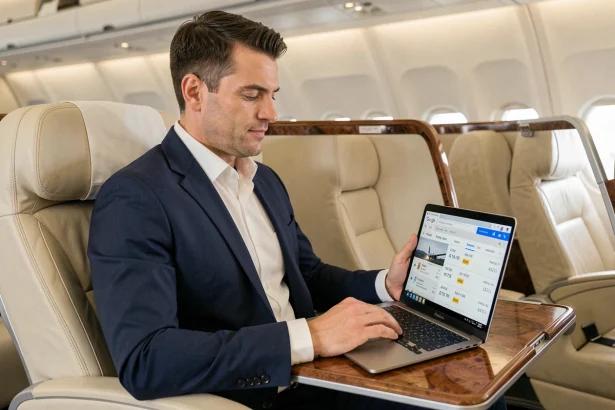 Homme en costume dans un siège business class consultant Google Flights sur son ordinateur portable en avion