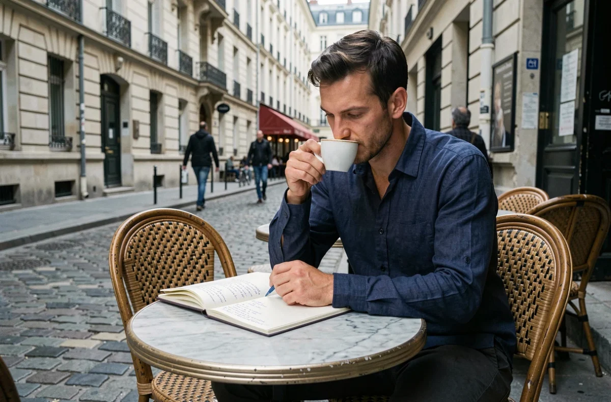 Homme consultant son itinéraire dans un café parisien typique du quartier du Marais