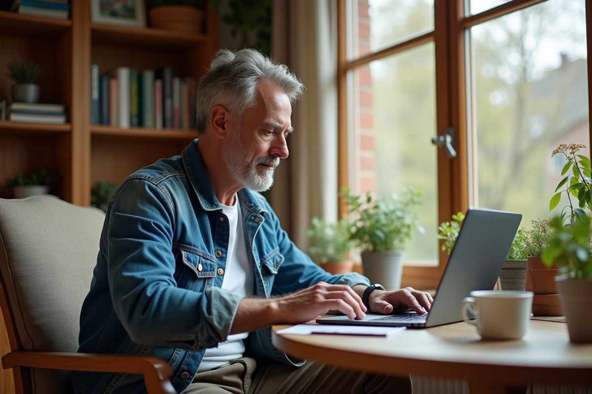 Homme d age moyen mettant a jour un billet de train sur son ordinateur