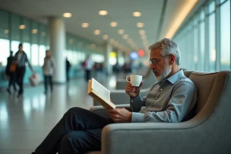 Homme assis lisant un livre à Al Massira Airport