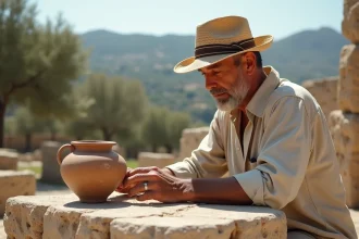 Homme grec ancien examinant la poterie minoenne à Knossos