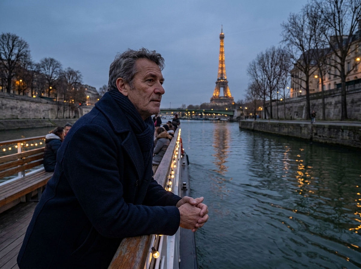Homme en caban sur la proue d'une péniche sur la Seine avec la Tour Eiffel en arrière-plan au crépuscule