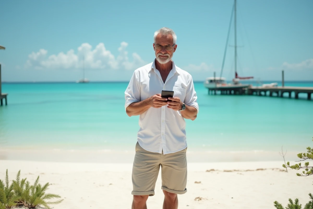Homme sur une plage des Antilles comparant les fuseaux horaires sur son smartphone