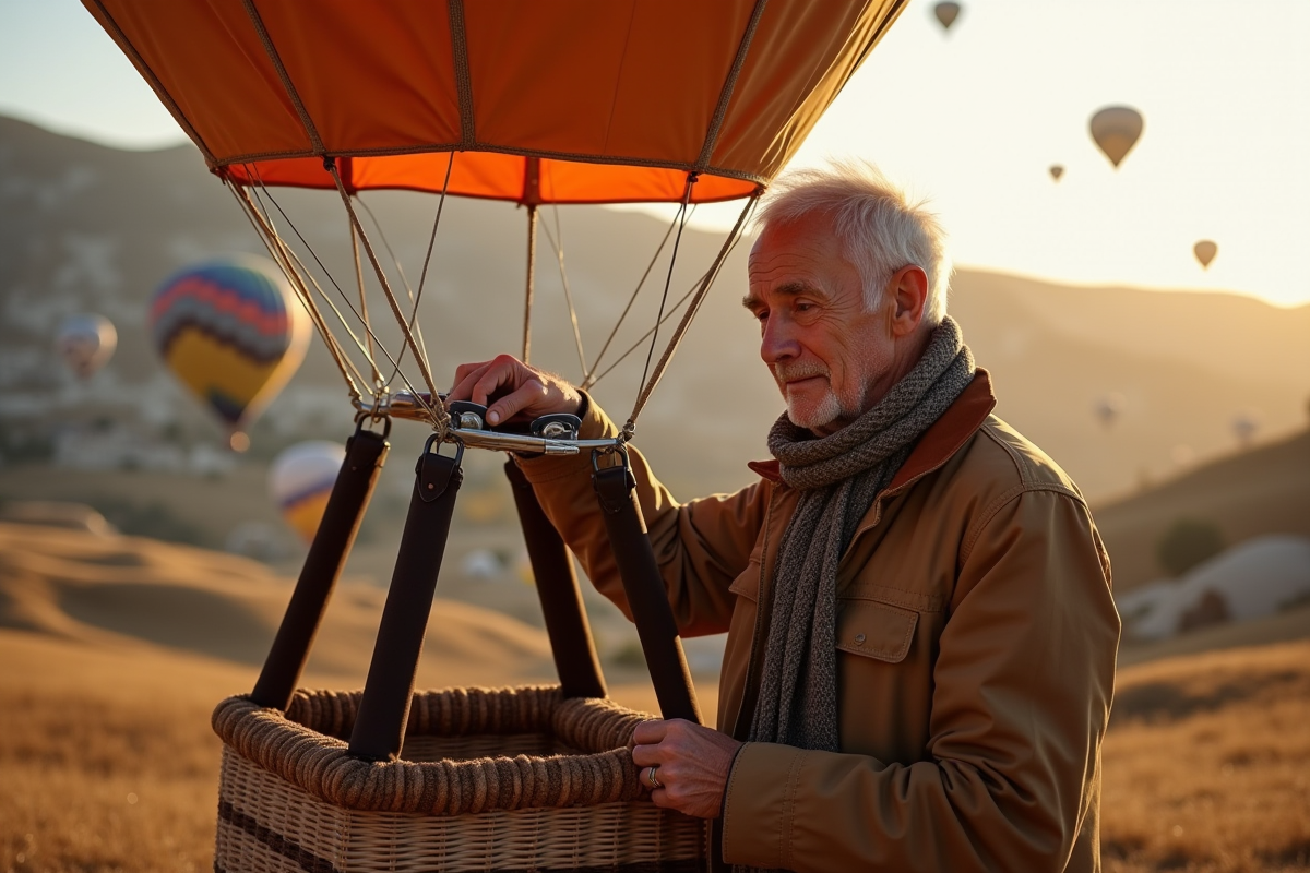 Homme ajustant les cordes d’un ballon au lever du jour