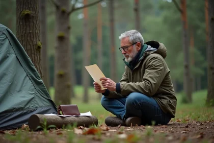 Homme en plein air regardant une affiche près d'une tente en forêt