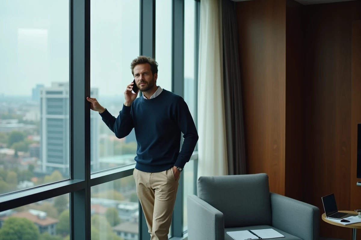 Homme en réunion téléphonique debout près d'une fenêtre d'hôtel pendant une journée de télétravail en daysue