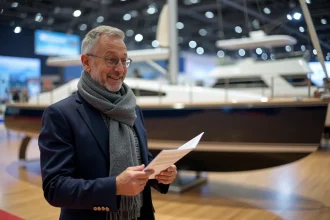 Homme souriant devant un voilier au salon nautique de Paris