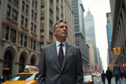Homme en costume dans la rue devant le Woolworth Building