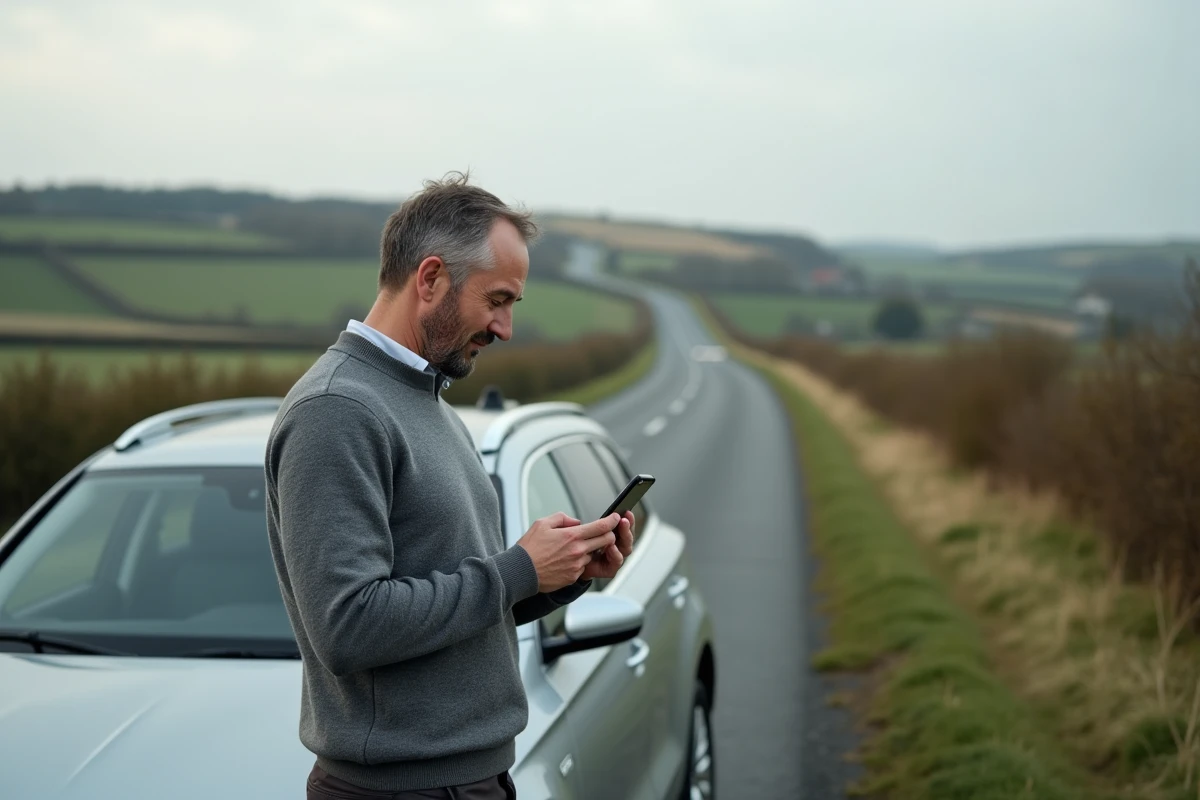 Homme debout près de son SUV en campagne française, planifiant son itinéraire avec une application GPS sur smartphone