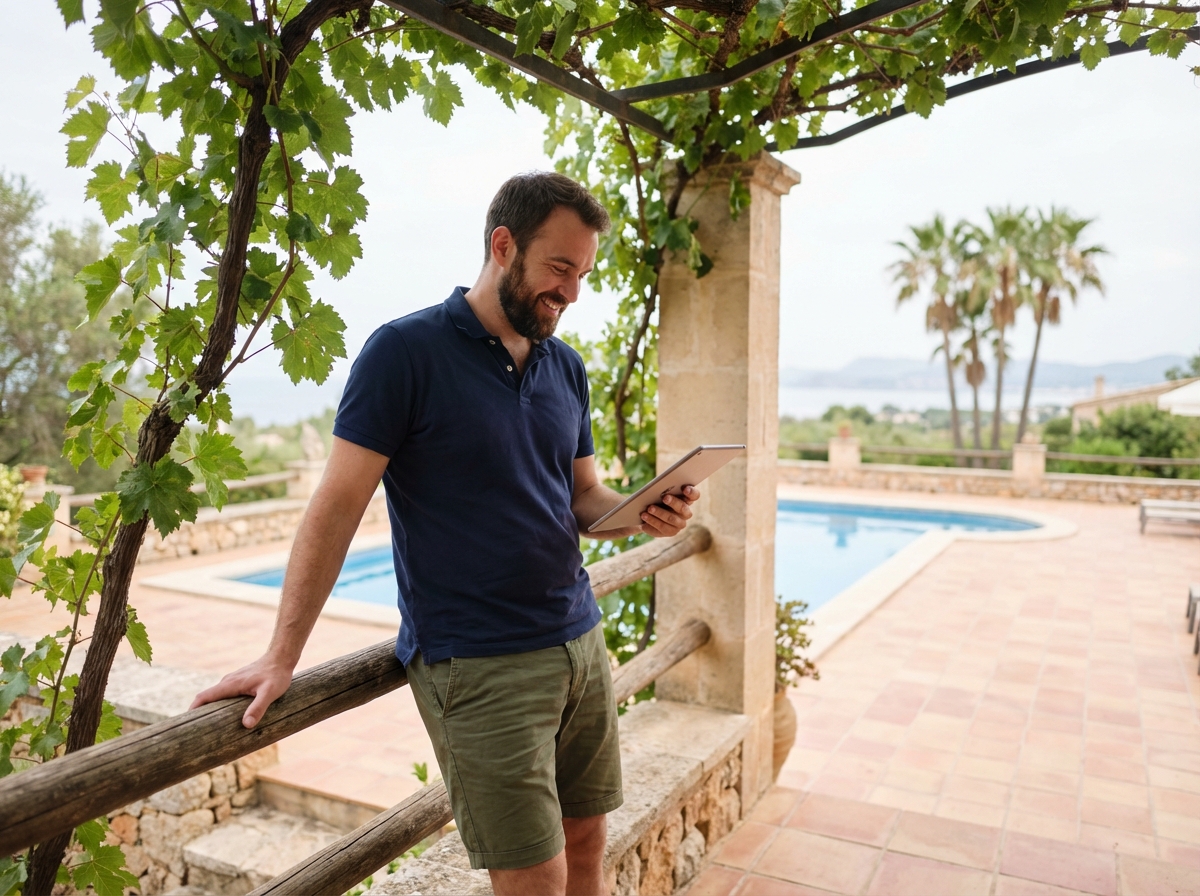 Homme avec tablette sur une terrasse méditerranéenne en vacances