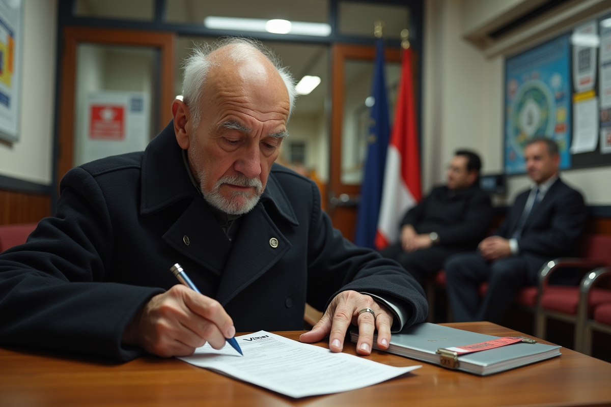 Homme âgé examinant un formulaire de visa dans un espace d