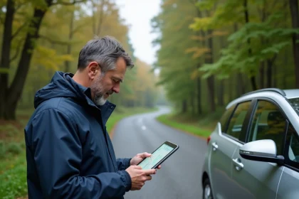 Homme concentré avec tablette et voiture hybride dans la campagne