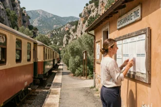 Femme consultant l'horaire de train affiché sur le quai d'une petite gare de montagne en Corse