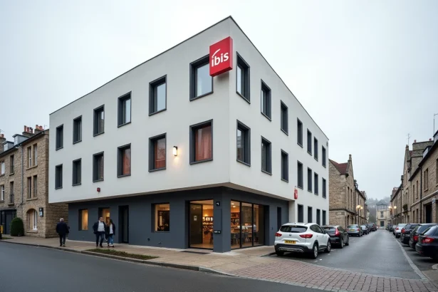 Façade de l'hôtel ibis à Fécamp avec parking et entrée principale visible depuis la rue