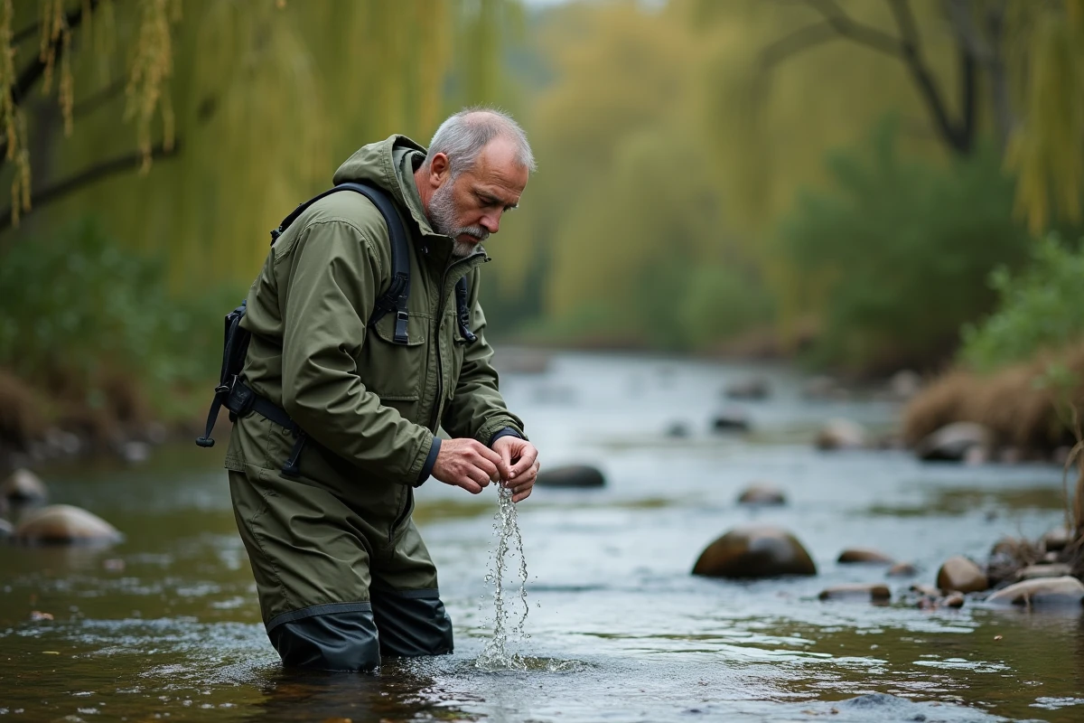 Hydrologue prélevant des échantillons d'eau dans un affluent du Rhin entouré de végétation ripicole dense