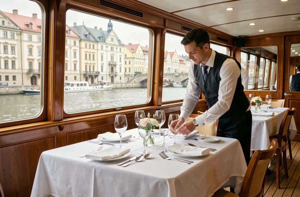 Salon de restauration élégant à l'intérieur d'un bateau de croisière sur la Vltava à Prague