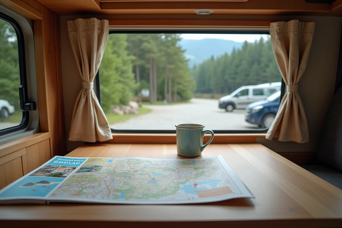 Intérieur de camping-car avec carte de Bavière et vue sur parking alpin près d'Oberammergau