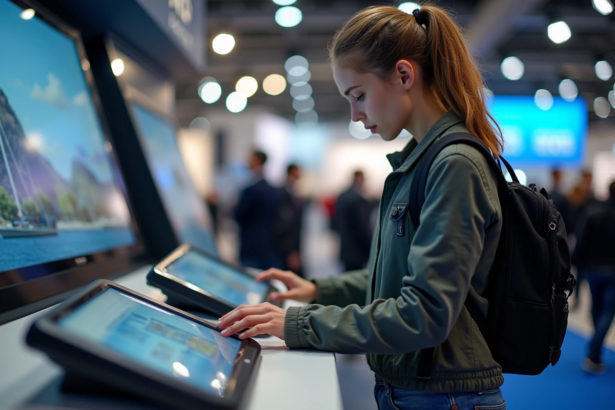 Jeune femme examinant un équipement de navigation au salon nautique