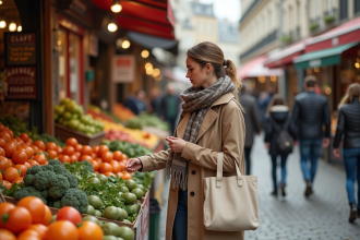 Jeune femme choisissant des produits frais au marché parisien