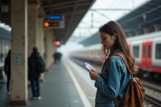 Jeune femme en denim sur une plateforme de train européenne