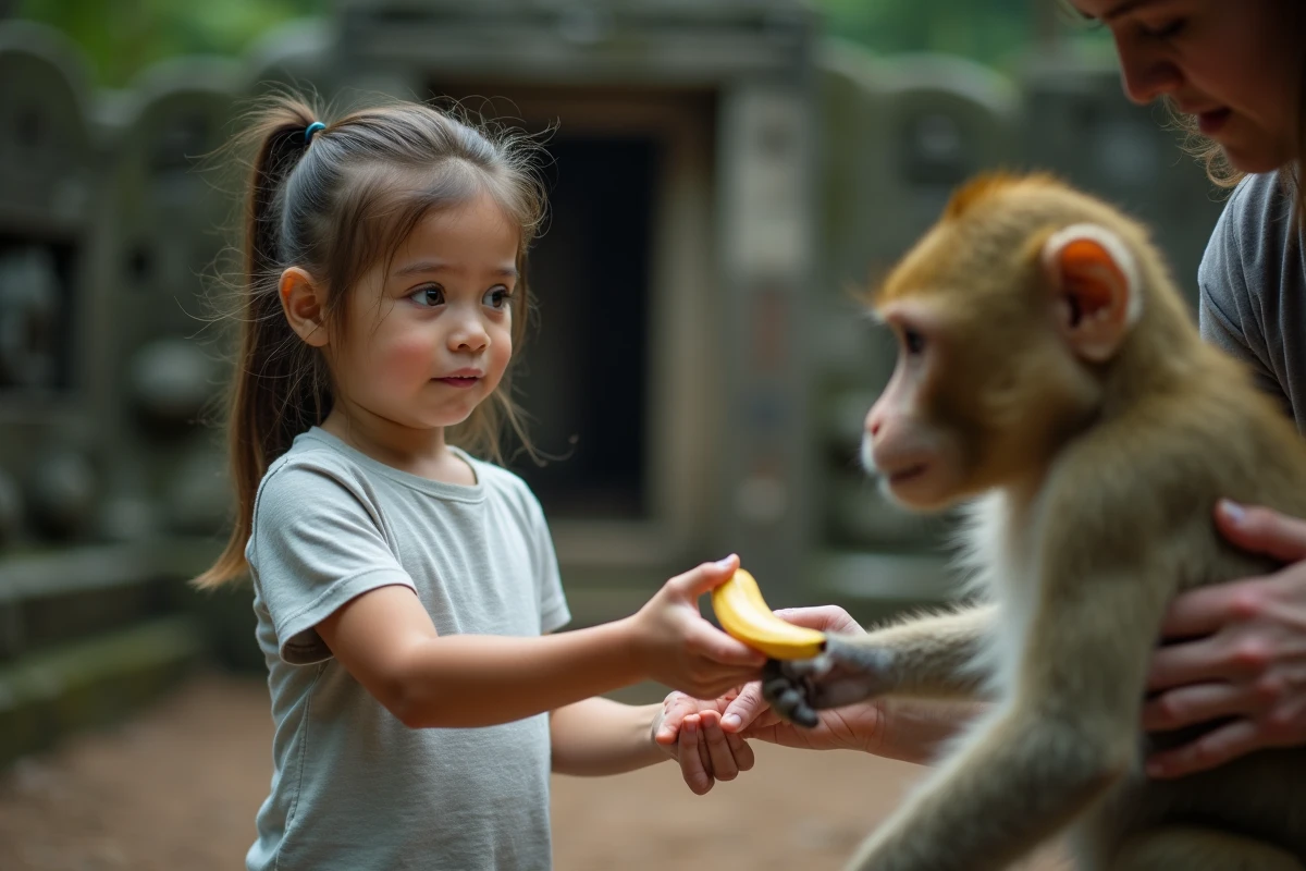 Jeune fille tendant une banane à un macaque dans la forêt