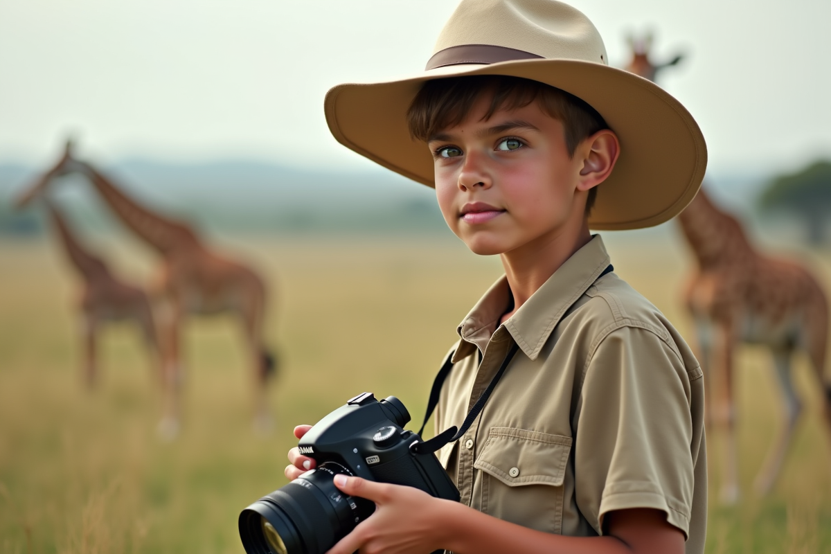 Jeune garçon en safari regardant la savane avec appareil photo