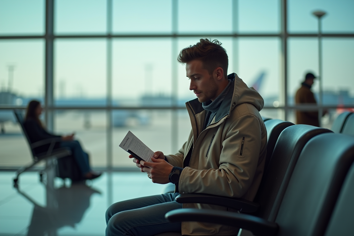 Jeune homme utilisant son smartphone dans le terminal d