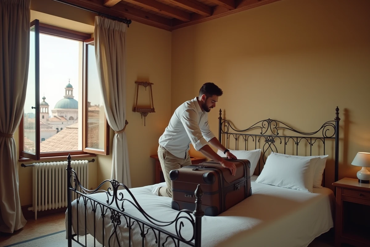 Jeune homme déballant sa valise dans une chambre d hotel à Venise