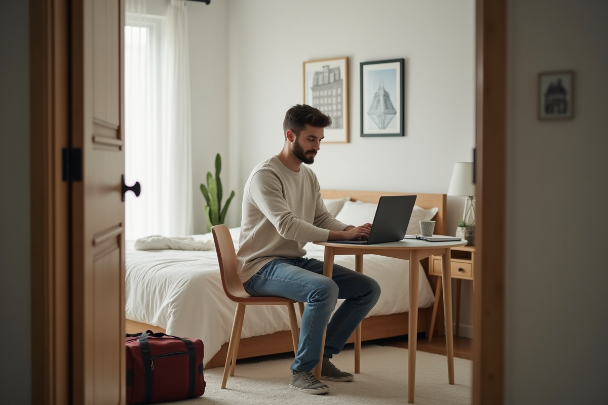 Jeune homme dans une chambre lumineuse avec ordinateur portable