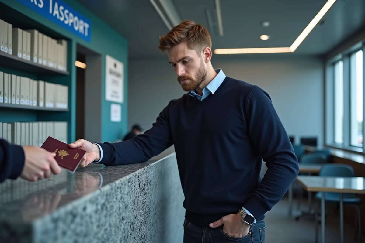 Jeune homme remettant son passeport à un agent au bureau