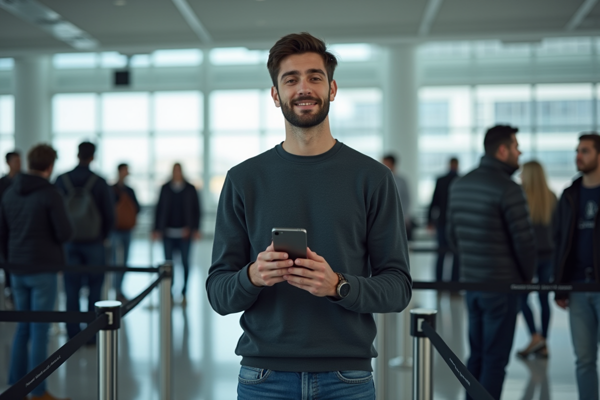 Jeune homme dans la file de sécurité aéroport