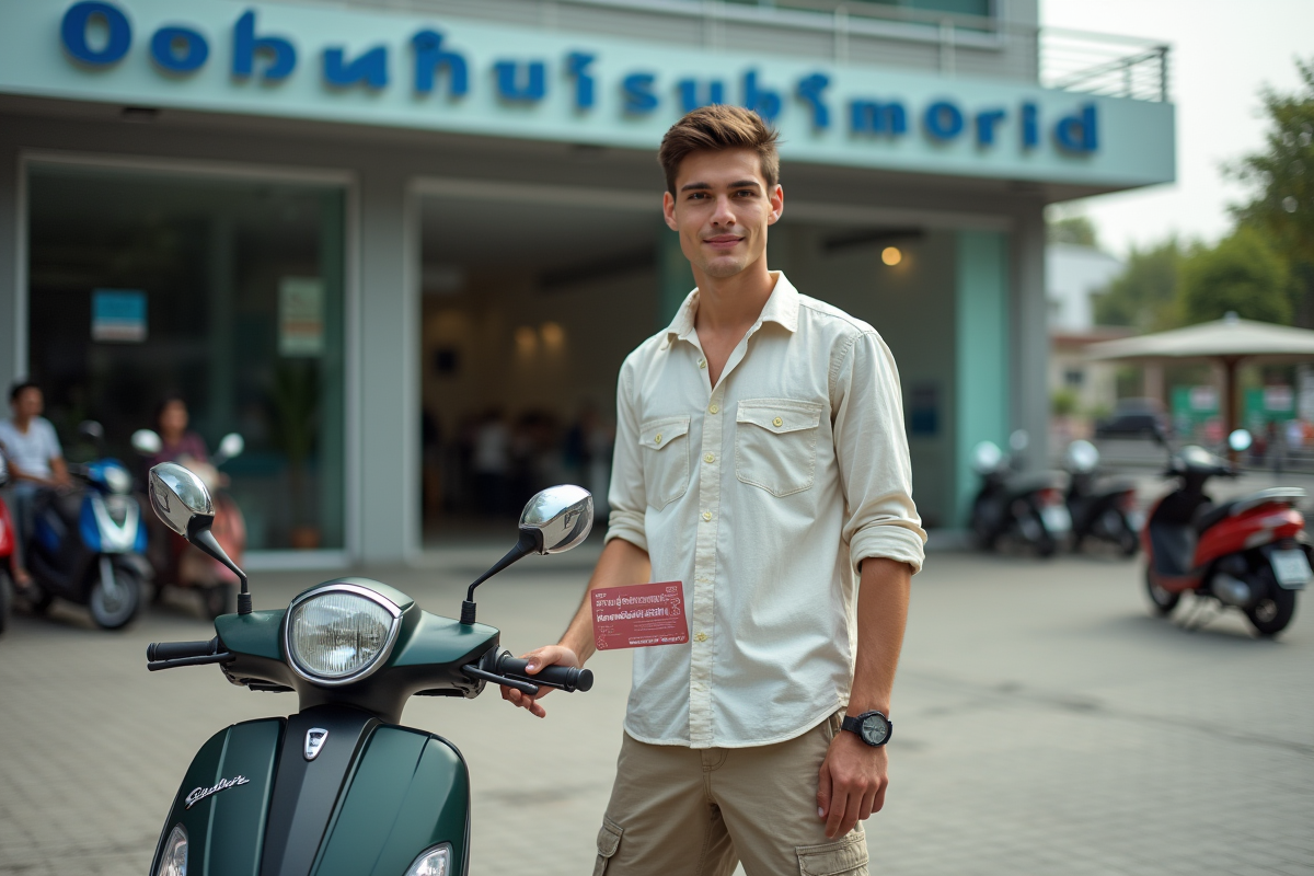 Jeune homme européen avec scooter dans un parking thaïlandais
