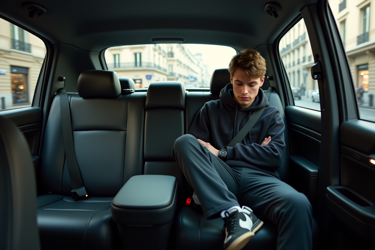 Jeune homme dans un taxi parisien regardant le compteur