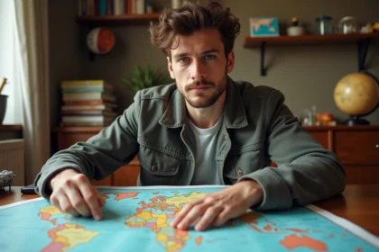 Jeune homme avec carte du monde dans un bureau cosy