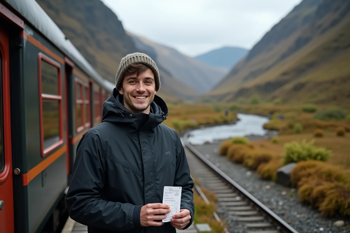 Jeune homme souriant avec ticket dans la vallée des Highlands