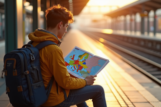 Jeune voyageur avec sac à dos regardant une carte Interrail en gare
