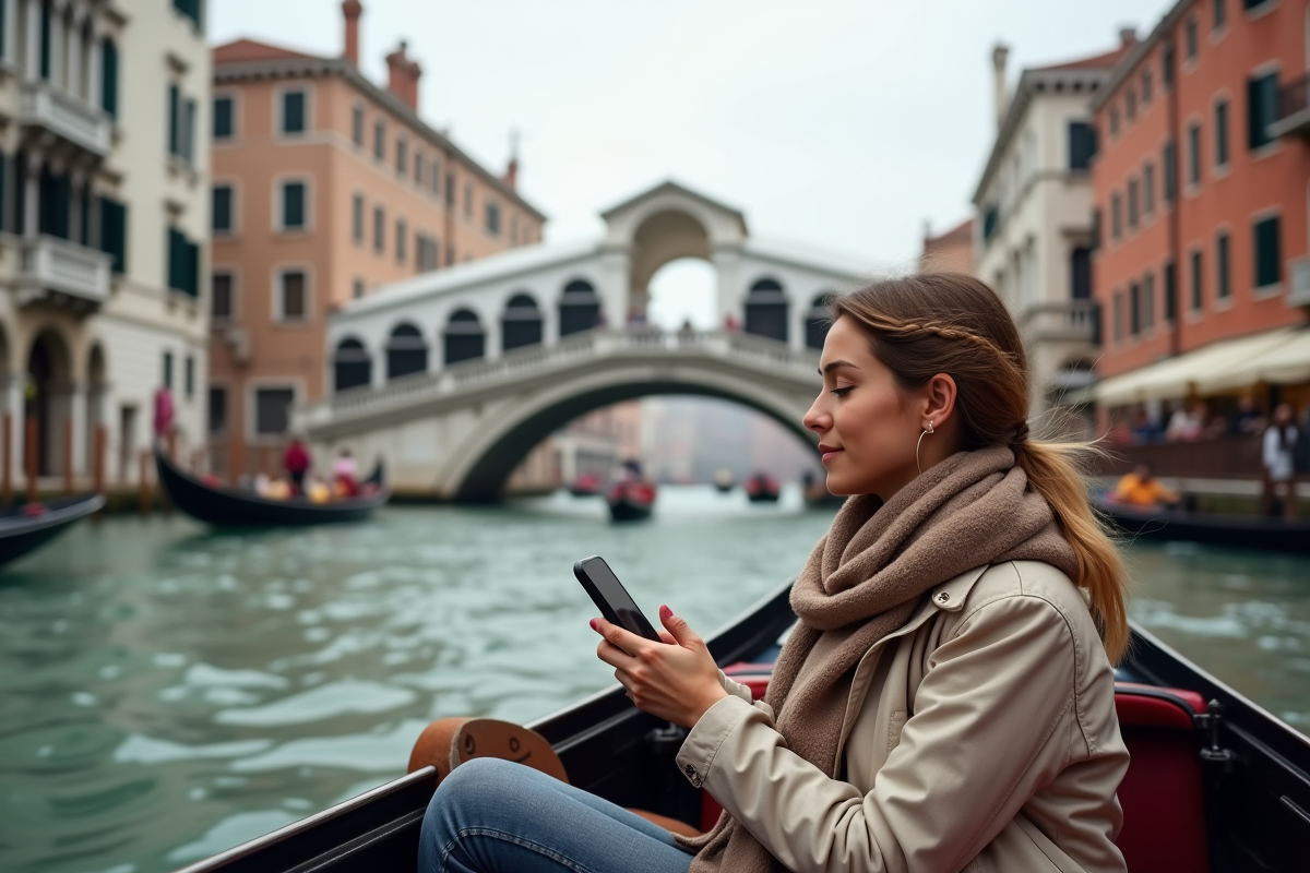 Jeune femme en gondola approchant le Rialto à Venise