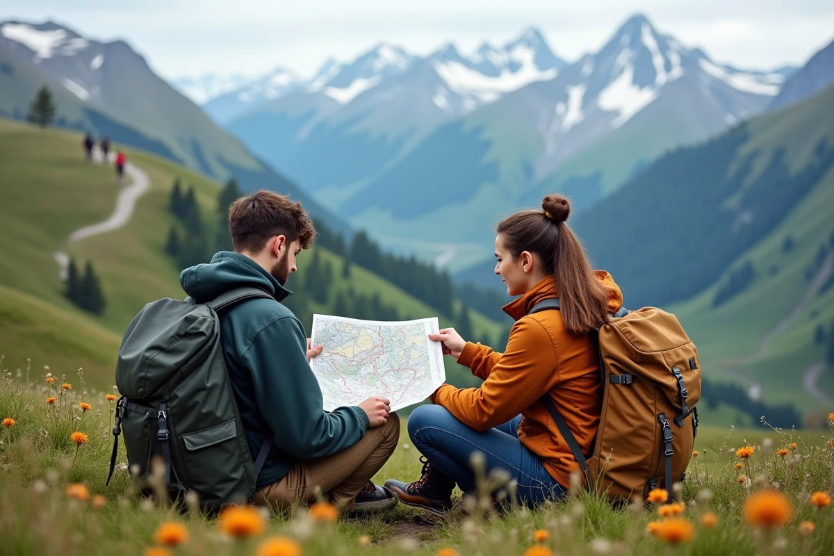 Jeunes adultes consultent une carte en pleine nature