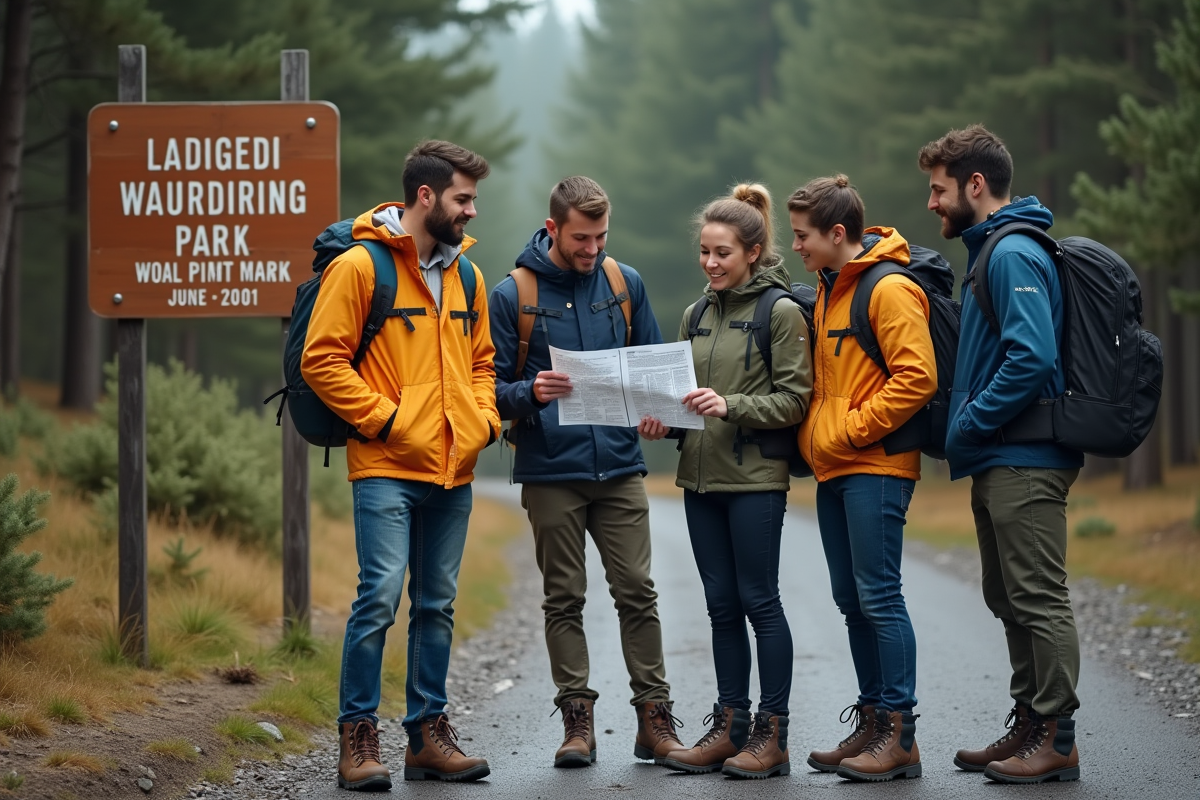 Jeunes adultes lisant les règles de camping à l