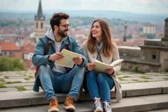 Jeunes adultes souriants sur les escaliers de Lyon